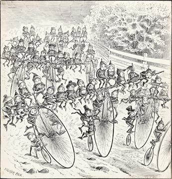 PALMER COX (1840-1924) Then back they wheeled with every spoke, An hour before the thrush awoke . . .  (BICYCLE)